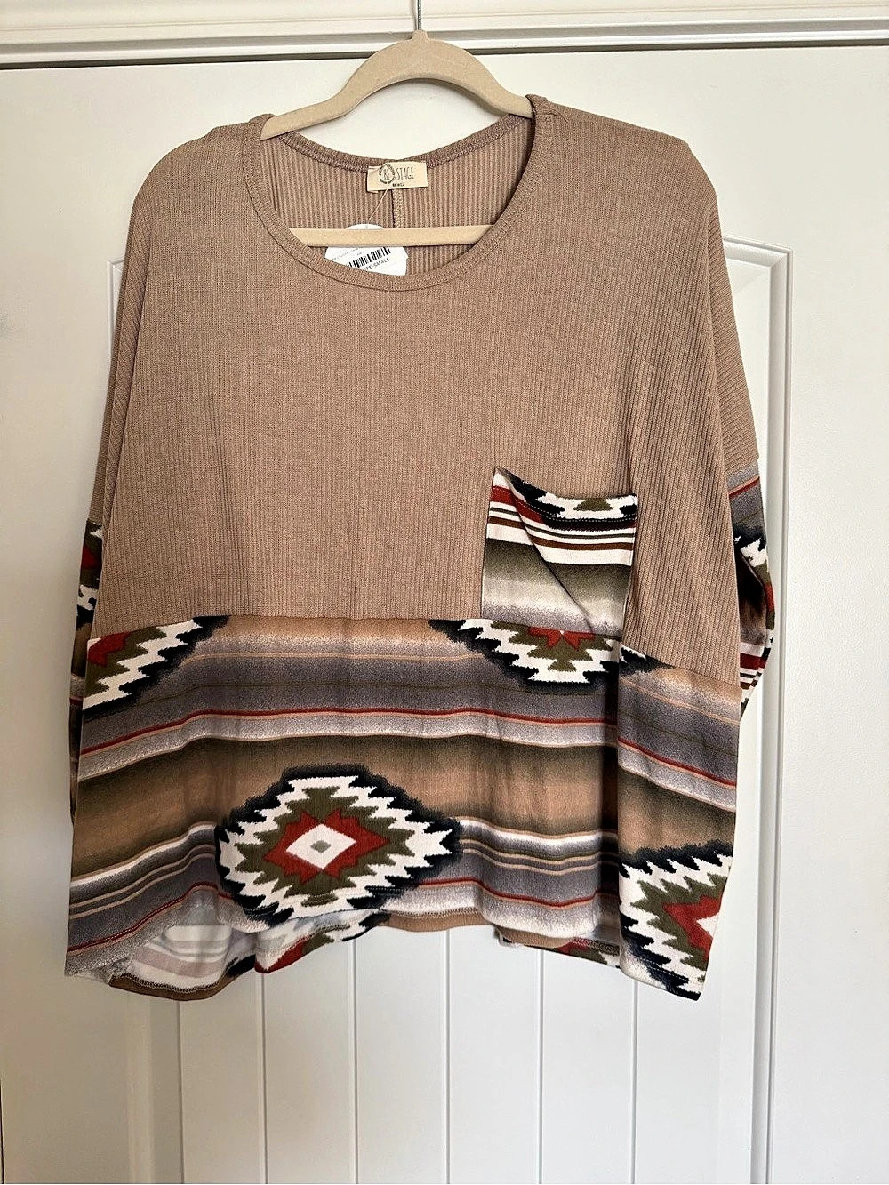 Be Stage Taupe Aztec Southwestern Print Oversized Top Size Small NWT Made in USA